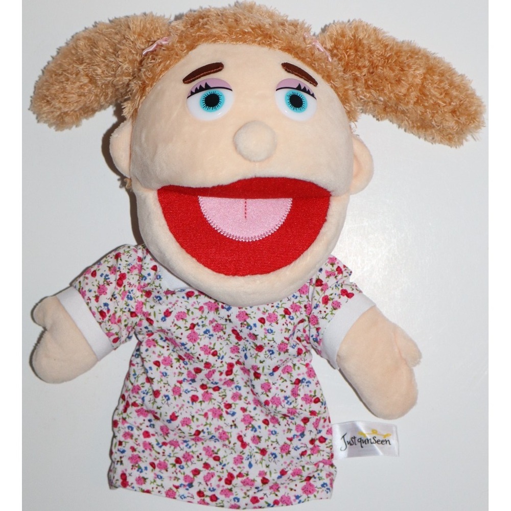 JUST QUNSEEN Plush Girl Hand Puppet Floral Dress Brown Hair Ponytails